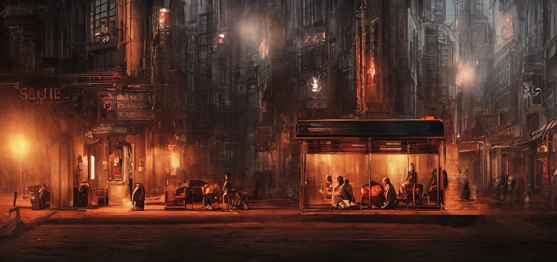 Image similar to some people waiting in a lone bus stop in qiet dark city, hyper detailed, orange red blue tones dramatic lighting, cgsociety, realistic, hyper detailed, insane details, intricate, dramatic lighting, hypermaximalist, golden ratio, rule of thirds, octane render, weta digital, micro details, ultra wide angle, artstation trending, 8 k,