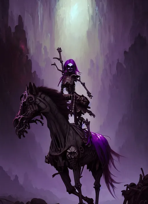 Prompt: skeleton necromancer raising a horse, purple palette, cave landscape, fantasy magic, dark light night, intricate, elegant, sharp focus, illustration, highly detailed, digital painting, concept art, matte, art by wlop and artgerm and greg rutkowski and alphonse mucha, masterpiece