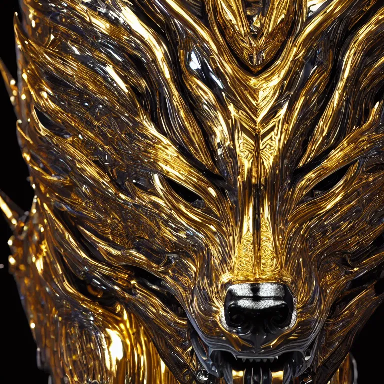 Image similar to chrome and gold wolf, glossy, metallic, neon, symmetrical, tribal patterns, realistic, unreal engine, octane, redshift, artstation, behance