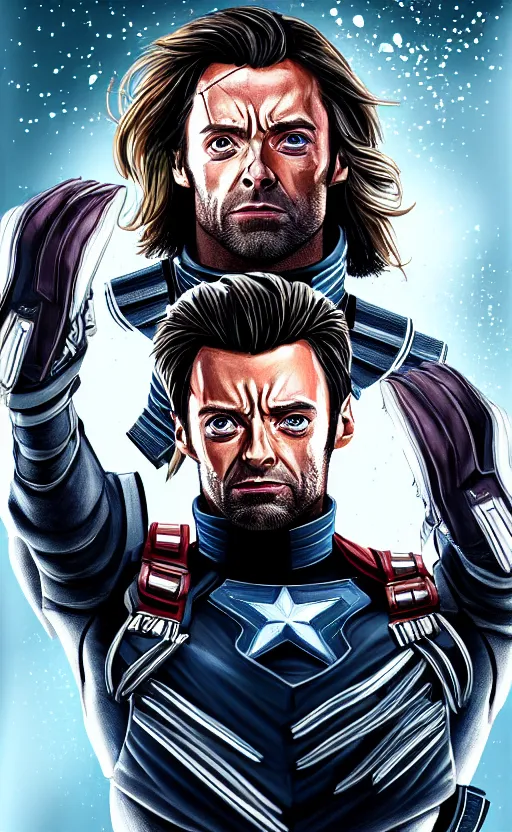 Image similar to portrait of hugh jackman as bucky barnes from the avengers infinity war, character concept art, hyperrealistic, detailed, accurate illustration, dramatic lighting, action pose