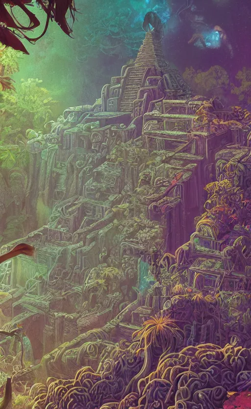 Image similar to a mayan temple, microscopic tardigrade, microbiology, magical forest, ruins, civilization, vegetation, futuristic, sharp focus, electric swirls, backlight, risograph, intricate details, disney pixar, james gilleard, moebius, print, iridescent, global illumination, anime, game art