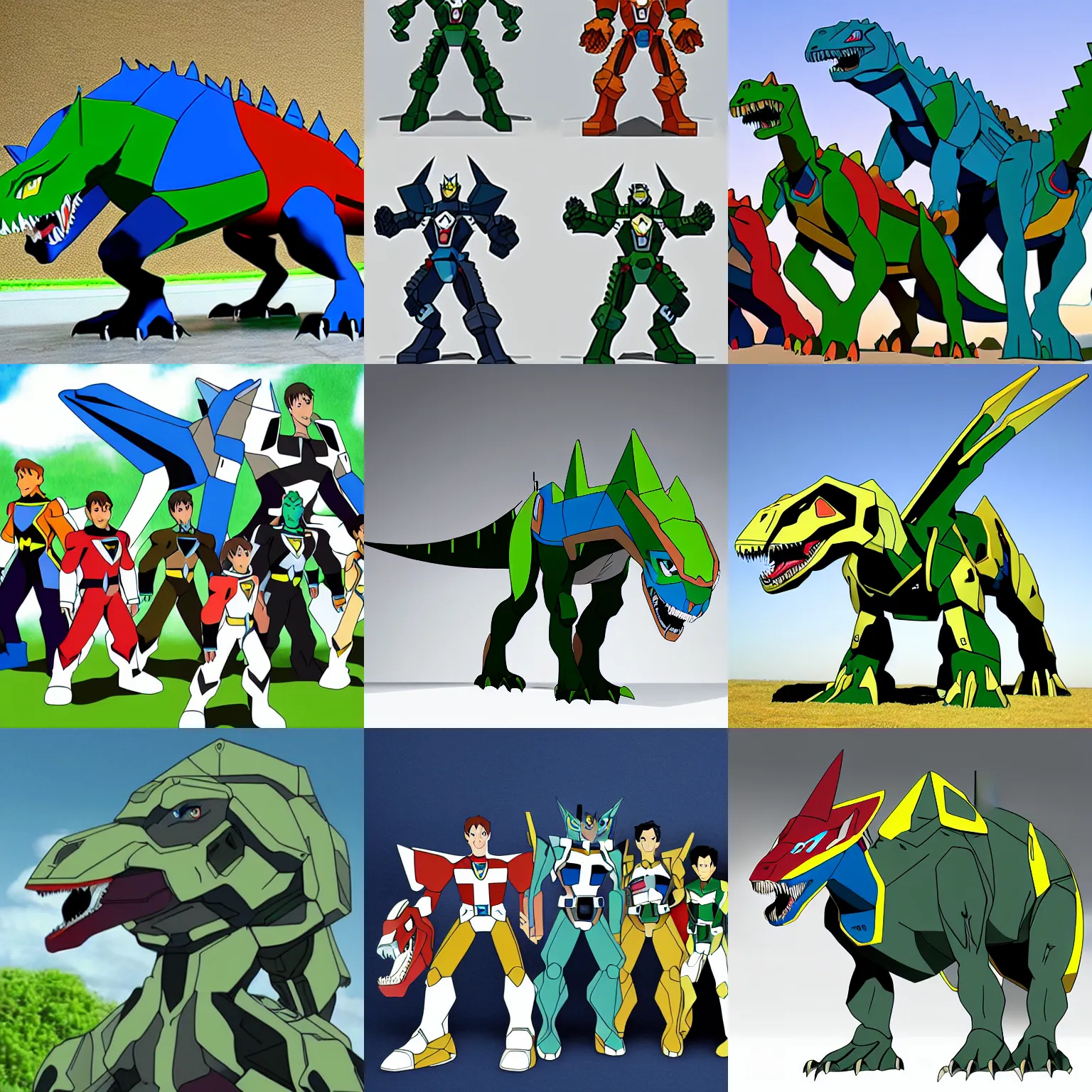 Prompt: voltron made from living dinosaurs