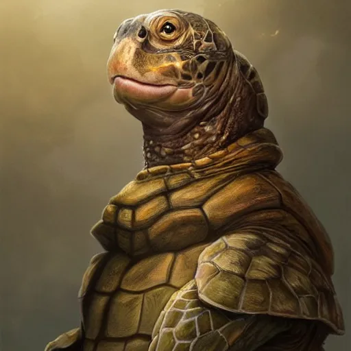 Image similar to amazingly beautiful portrait of a hyper realistic mitch mcconnell!!!! as a turtle / tortoise, as an anthropomorphic turtle, painted by greg rutkowski, artgerm, beautiful lighting, masterpiece, epic, 4 k