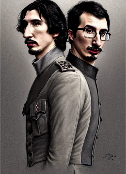 Prompt: a portrait of john oliver standing next to adam driver, stoic, full body, military uniform, fantasy, intricate, elegant, beautiful, highly detailed, charcoal, centered, dark, smokey, digital painting, artstation, concept art, smooth, sharp focus, illustration, art by artgerm and greg rutkowski and alphonse mucha