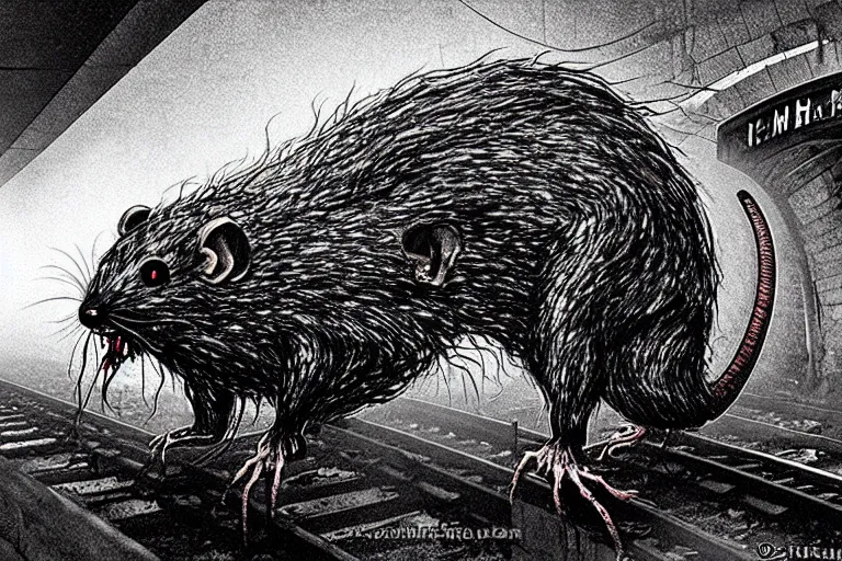 Image similar to very large giant mutant zombie irradiated ( angry rat ) staying on railways in tonnel of moscow subway. tonnel, railways, giant angry rat, furr, fangs, claws, very realistic. fog, extreme long shot, herman nitsch, giger.