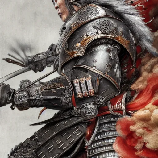 Image similar to dynamic composition, motion, ultra-detailed, incredibly detailed, a lot of details, amazing fine details and brush strokes, colorful and grayish palette, smooth, HD semirealistic anime CG concept art digital painting, watercolor oil painting of a Japanese Samurai wearing armor, from Three Kingdoms, by a Chinese artist at ArtStation, by Huang Guangjian, Fenghua Zhong, Ruan Jia, Xin Jin and Wei Chang. Realistic artwork of a Chinese videogame, gradients, gentle an harmonic grayish colors.