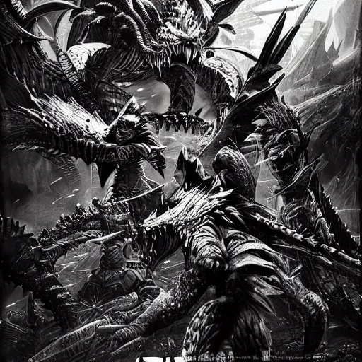 Image similar to sci - fi monster hunter, hyperdetailed, bw art by shinya tsukamoto