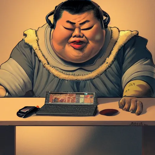 Image similar to an insanely detailed painting of a chubby asian man wearing a homemade superhero costumed, sitting at a computer desk typing on the keyboard, in the style of peter mohrbacher, dramatic lighting and composition, trending on artstation, concept art, comic book, graphic novel