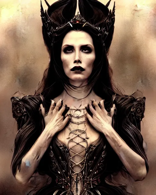 Image similar to full body portrait of an evil queen, dark magic, beautiful face, attractive young woman,heroic pose, full body, dramatic lighting, dark and horror, dust and blood, intricate, wild, highly detailed, digital painting, artstation, concept art, smooth, sharp focus, illustration, art by artgerm and greg rutkowski and alphonse mucha, footage from space camera