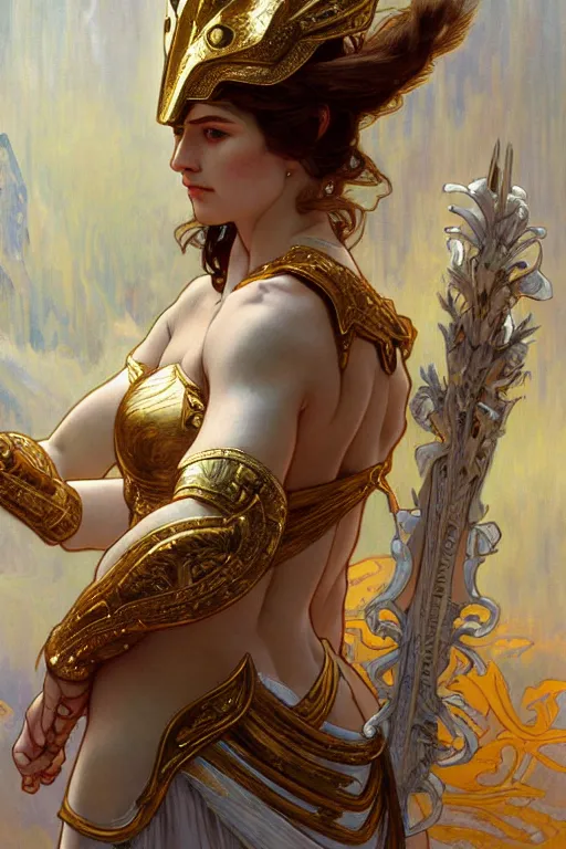 Image similar to painted portrait of artemis wearing armor, greek god, feminine, powerful, beautiful, upper body, white robe, muscular, fantasy, intricate, elegant, highly detailed, digital painting, artstation, concept art, smooth, sharp focus, illustration, art by gaston bussiere and alphonse mucha