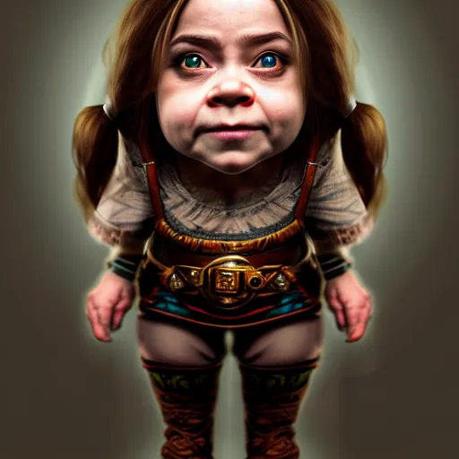 Image similar to full body shot of an dwarf girl, photorealistic, perfect symmetrical image, symmetrical face, perfect face, longshot, cinematic, hyper realism, hyper detailed