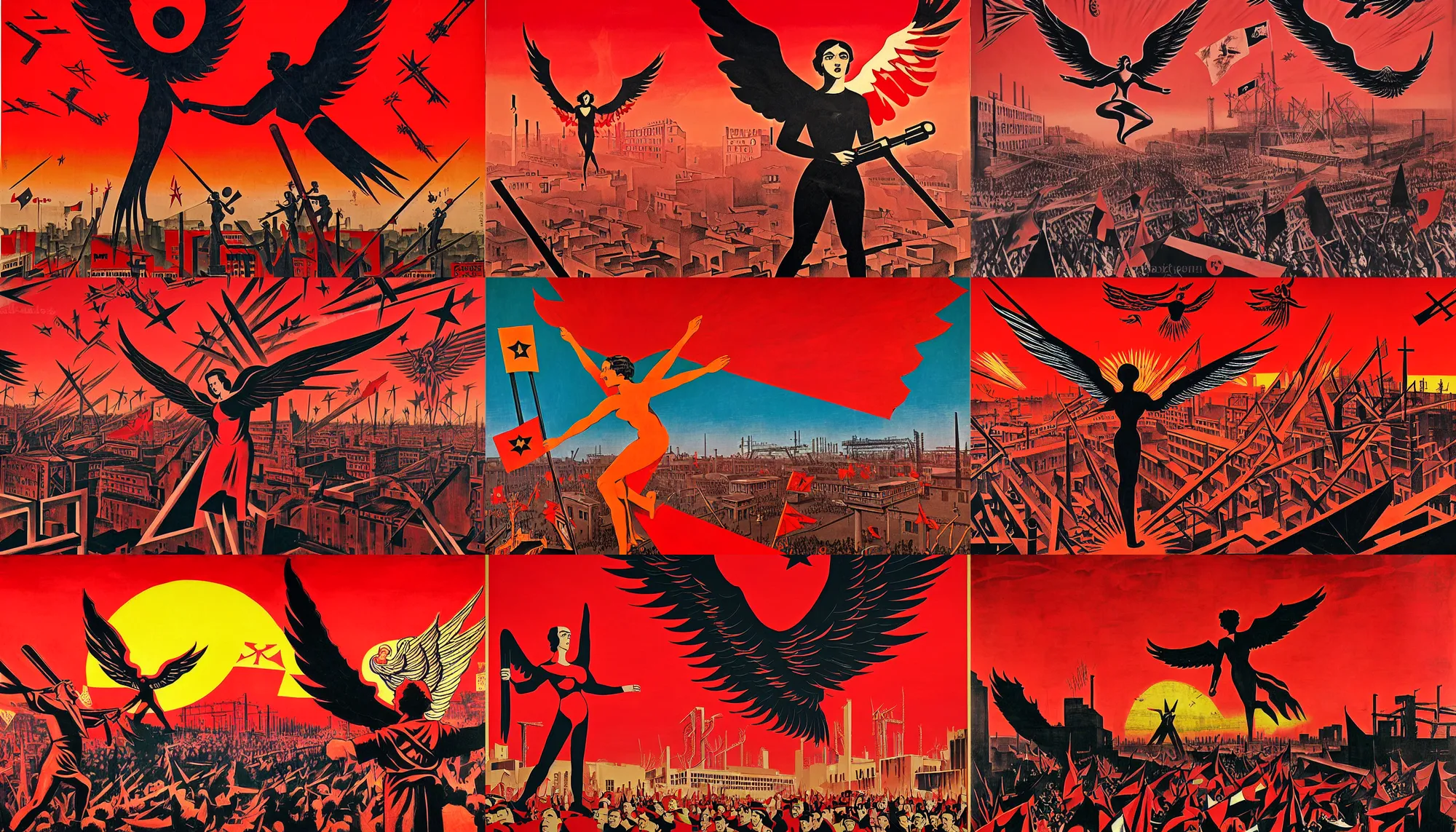 Prompt: totalitarian socialist angel rising phoenix, vanguardist alternate timeline, dawn red sunburst poster art, anarcho - communist heaven, red and black flags waving, revolutionary masses celebration, modernist factories in background, art by max ernst, cnt spanish civil war era propaganda, extremely detailed, 4 k