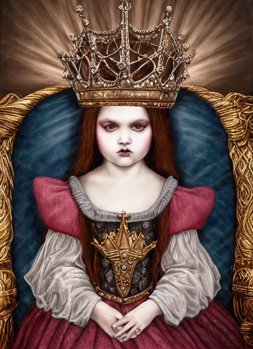 Prompt: highly detailed closeup portrait of a goth medieval princess wearing a crown and sitting on a throne, nicoletta ceccoli, mark ryden, lostfish, global illumination, god rays, detailed and intricate environment