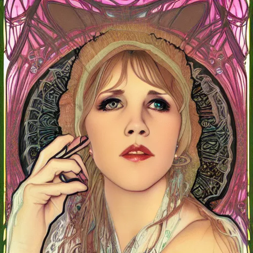 Image similar to beautiful lifelike award winning pencil illustration of stevie nicks trending on art station alphonse mucha cinematic atmospheric