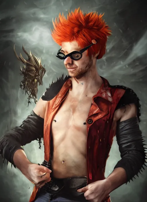 Image similar to An epic fantasy comic book style portrait painting of young man with red spiked long hair, using an orange lens googles. Wearing a black waistcoat, white shirt. He is with a vicious smile in face. Unreal 5, DAZ, hyperrealistic, octane render, cosplay, RPG portrait, dynamic lighting