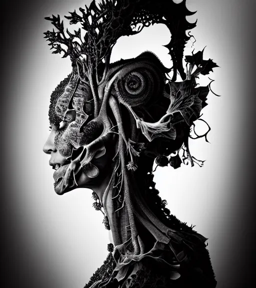 Image similar to dark background, a black and white high quality dreamy photo of a young beautiful female queen-vegetal-dragon-cyborg bust with a very long neck and delicate Mandelbrot fractal face, anatomical, facial muscles, veins, arteries, elegant, highly detailed, flesh highly baroque ornate, hair are curled wired cables, elegant, poetic, dreamy, mysterious, high fashion, rim light, in the style of Ellen von Unwerth, Realistic, Refined, Digital Art, Highly Detailed, Cinematic Lighting, rim light, black and white, photo-realistic, 8K