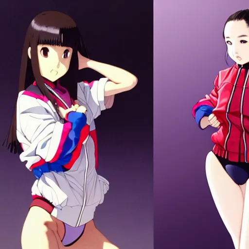 Image similar to a beautiful japanese natalie portman gravure model, wearing oversized native designer bomber jacket and leotard, bulky poofy bomber jacket with mesoamerican patterns, mesoamerican native street fashion, gapmoe yandere grimdark, trending on pixiv fanbox, painted by greg rutkowski makoto shinkai takashi takeuchi studio ghibli, akihiko yoshida