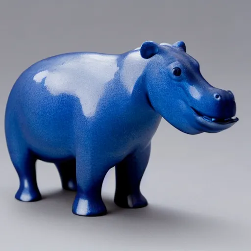 Prompt: a zoomed out studio product shot of a rounded carving of a simplified and smooth hippopotamus made from cherry wood and blue resin, in profile, a catalog photograph