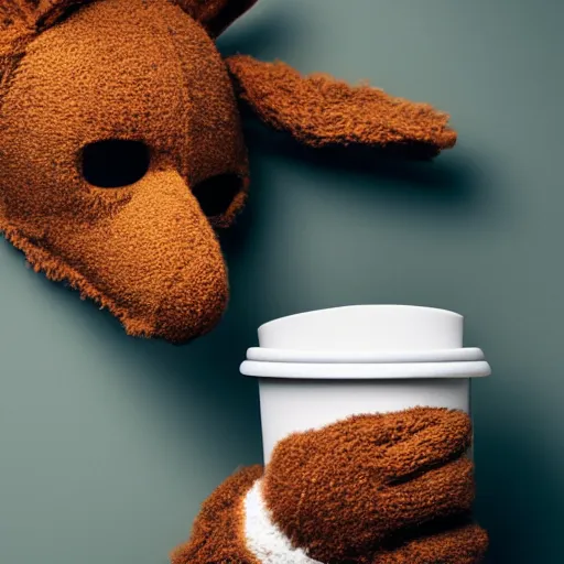 Image similar to a huggable brown rabbit muppet monk wearing a wolf skull as a mask and dat beside a cup of tea, photorealistic, nature, photography, national geographic, sesame street