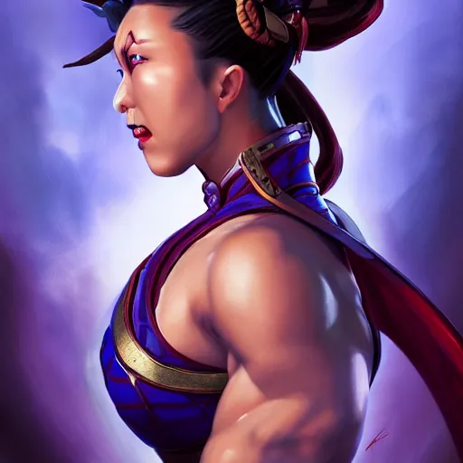 Image similar to Chun-Li in a fight pose, portrait, fantasy, medieval, beautiful face, vivid colors, elegant, concept art, sharp focus, digital art, Hyper-realistic, 4K, Unreal Engine, Highly Detailed, HD, Dramatic Lighting by Brom, trending on Artstation