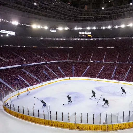 Prompt: hockey player scoring goal in giant stadium full of fans