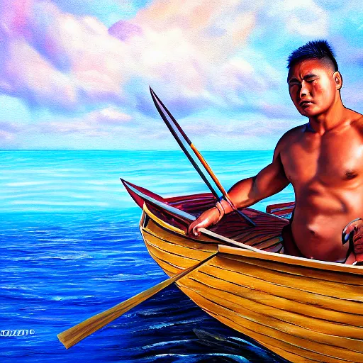 Image similar to a pacific islander warrior on a boat painting, 4 k, hyper realistic, dslr, high resolution, landscape, beautiful