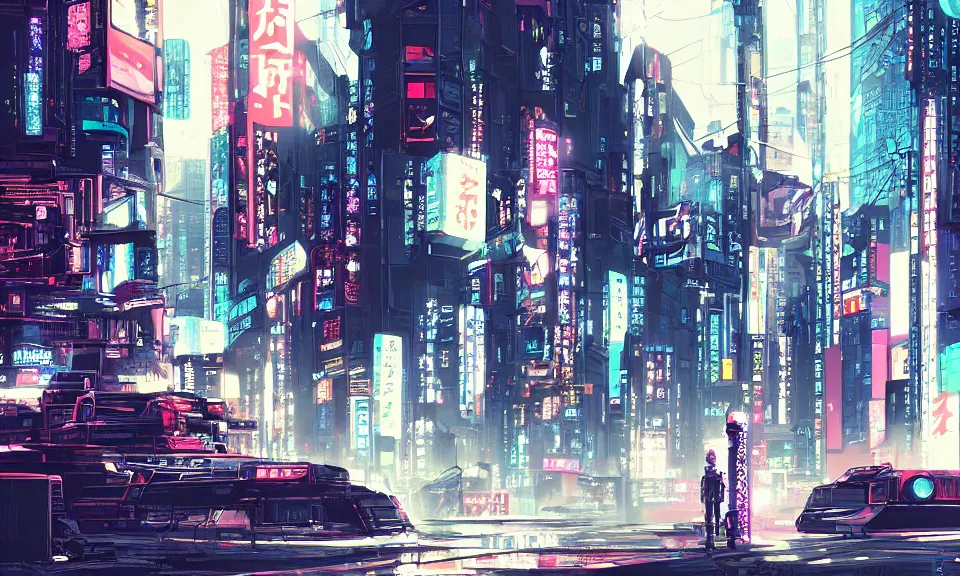 Prompt: a cyberpunk judge stands on the corner of a neo-tokyo street, digital art in the style of sparth