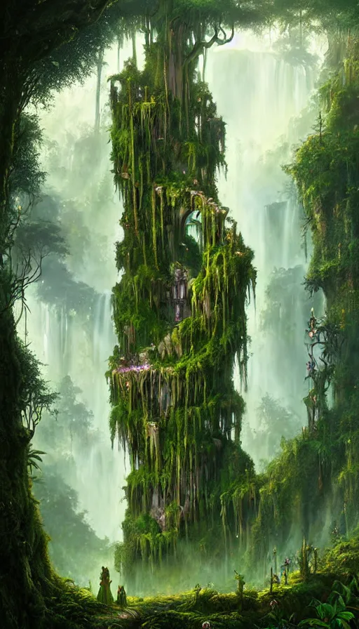 Prompt: fairy palace, castle towers, waterfall of gold and gems, gnarly trees, lush vegetation, forest landscape, painted by tom bagshaw, raphael lacoste, eddie mendoza, alex ross concept art matte painting