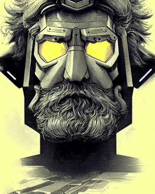 Image similar to reinhardt from overwatch, gray hair and beard, character portrait, portrait, close up, concept art, intricate details, highly detailed, vintage sci - fi poster, vintage sci - fi art, retro future, in the style of chris foss, rodger dean, moebius, michael whelan, and gustave dore