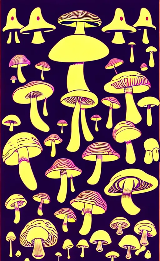 Prompt: psychedelic mushrooms with faces wide angle shot, white background, vector art, illustration by frank frazetta