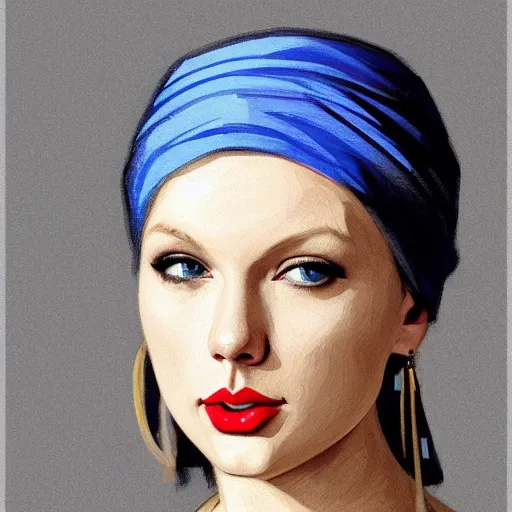 Image similar to Taylor Swift as the girl with the pearl earring, highly detailed, digital painting, artstation, concept art, smooth, sharp focus, illustration, ArtStation, art by artgerm and greg rutkowski and alphonse mucha and J. C. Leyendecker and Edmund Blair Leighton and Katsuhiro Otomo and Geof Darrow and Phil hale and Ashley wood and Ilya repin and Charlie Bowater