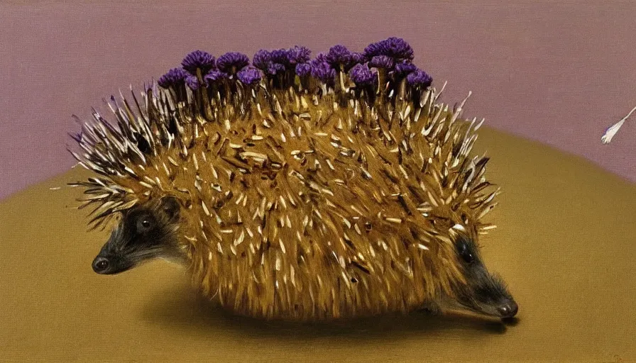 Image similar to painting by borremans, hedgehog with purple needles hides under fly agaric from the rain, detailed, stunning