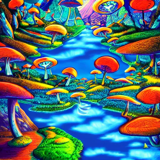 Prompt: psychedelic mushroom kingdom, dmt, landscape, river, trending on artstation, detailed, realistic, photo