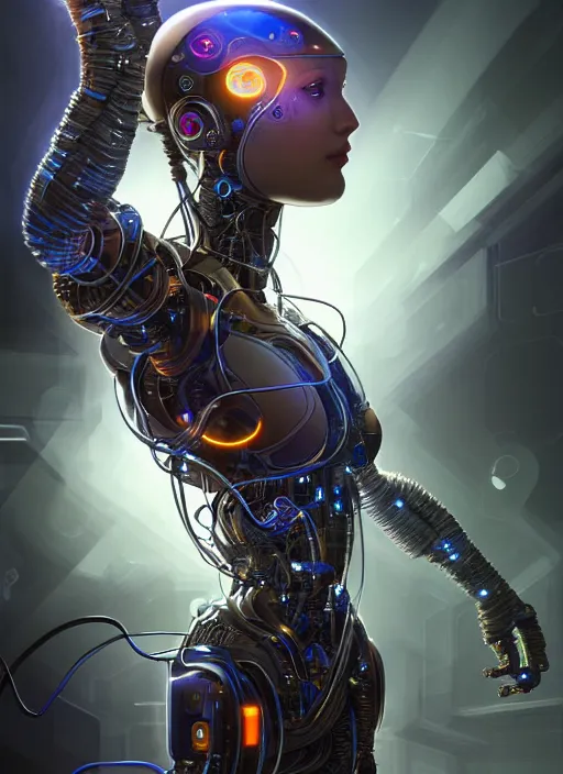 Image similar to cyborg recharging in a computer lab connect to cables, diffuse lighting, fantasy, intricate, elegant, highly detailed, lifelike, photorealistic, digital painting, artstation, illustration, concept art, smooth, sharp focus, art by John Collier and Albert Aublet and James jean and Brian froud and ross tran and Artem Demura and Alphonse Mucha