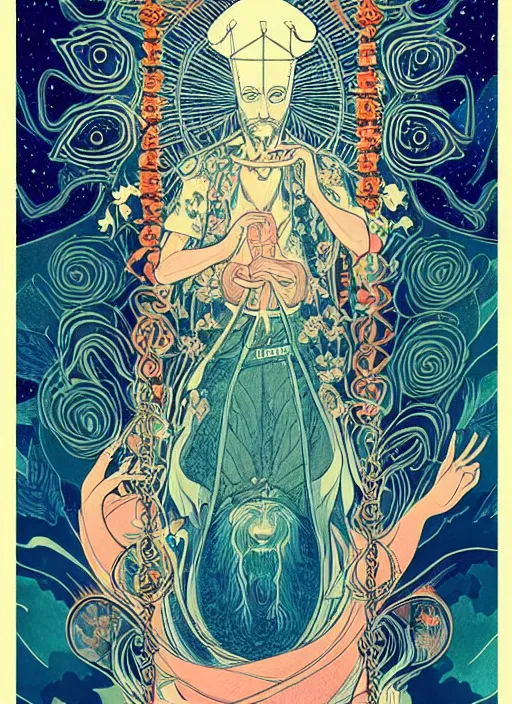 Image similar to beautiful tarot illustration of the hierophant, in the style of james jean and victo ngai, mystical colors, trending on artstation