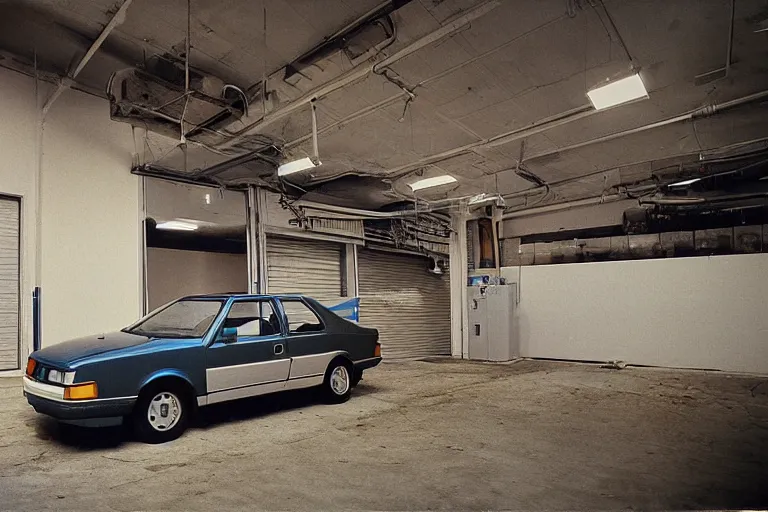 Prompt: 1985 Honda Civic, inside of an unlit 1970s auto repair garage, ektachrome photograph, volumetric lighting, f8 aperture, cinematic Eastman 5384 film