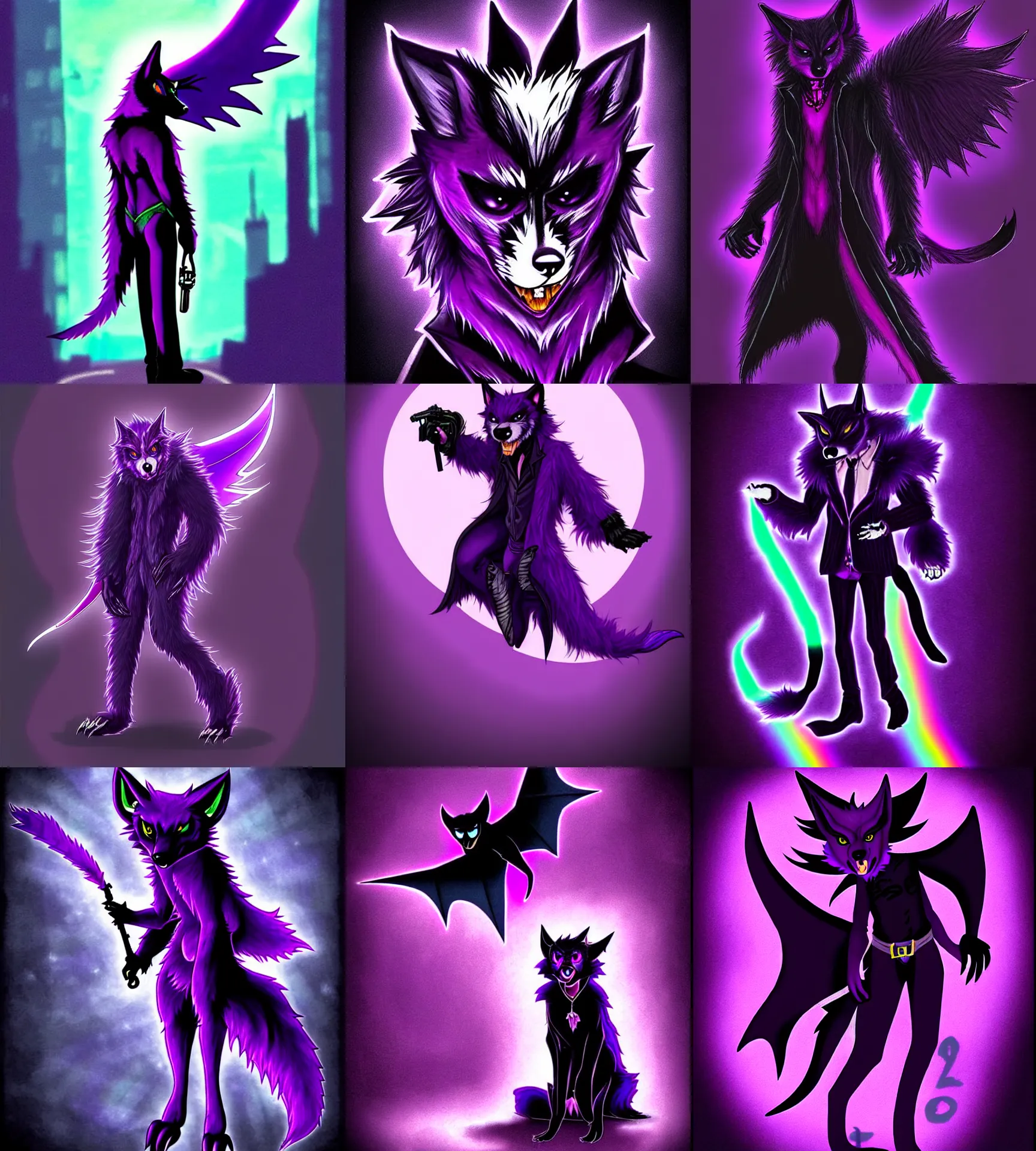 Prompt: a purple wolfbat fursona ( from the furry fandom ) featuring a long glowing rainbow tail, he wears an eyepatch, he is traversing a shadowy city, an affable devil among demons, neo - noir vibe reminescent of max payne, style of purple rain album cover ( by prince ), dark colors