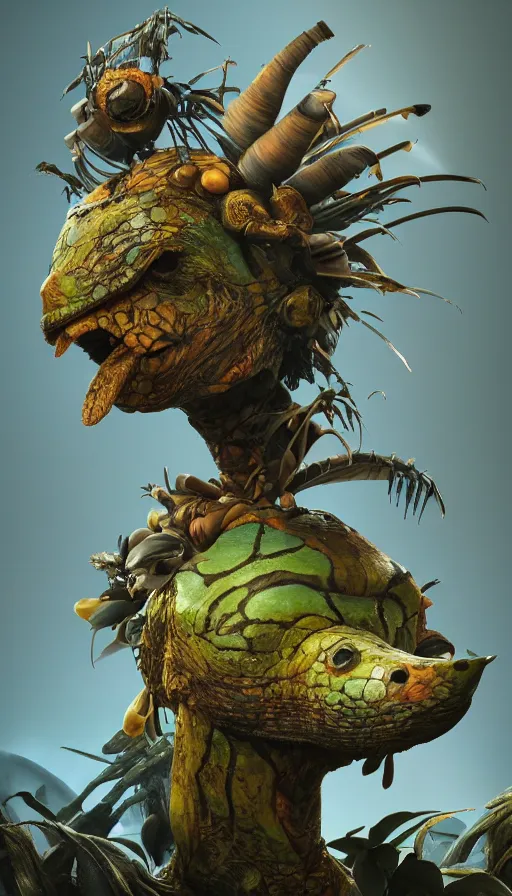 Prompt: a strange bird turtle giraffe chimera creature with scales feathers fins tusks with other monsters on a lush fertile alien planet, in the style of shaun tan, sam shearon, dr seuss, leng jun, max ernst, close up, fantastic, wonderful, science fiction, dramatic studio lighting, atmospheric, national geographic, 3 d sculpture 8 k octane render