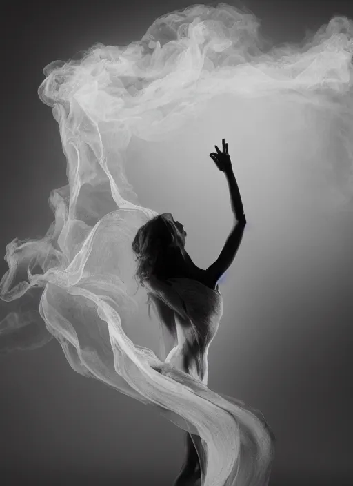 Image similar to a photorealistic dramatic hyperrealistic render of a glamorous beautiful female smoke dancer by ken brower and deborah ory of nyc dance project, lois greenfield, flowing cloth and smoke, beautiful dynamic dramatic dark moody lighting, volumetric, shadows, cinematic atmosphere, octane render, 8 k