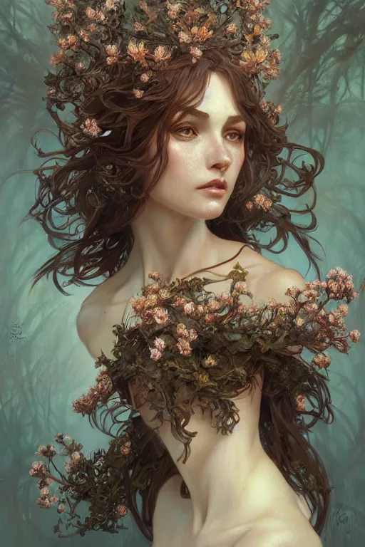Prompt: A full portrait of an ancient noridc dryad, intricate, elegant, highly detailed, digital painting, artstation, concept art, smooth, sharp focus, illustration, art by Krenz Cushart and Artem Demura and alphonse mucha