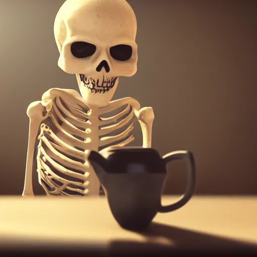 Prompt: smirking good skeleton drinking tea. deep in a dark dungeon. realistic, ray tracing, render 3 d, artstation, masterpiece, hyper realism, sharp focus, dramatic ambient light, close up, cinematic, octane render, noir light style