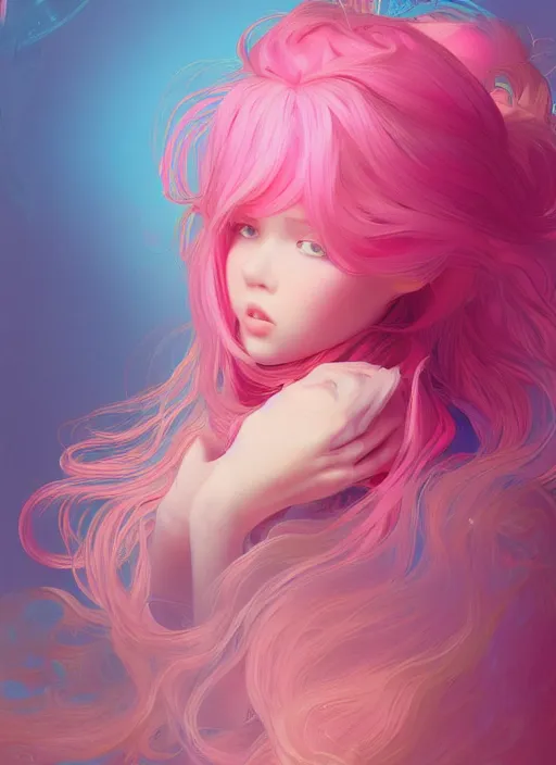 Image similar to beautiful girl pink blob hair, cute, intricate, highly detailed, digital painting, trending on artstation, concept art, smooth, sharp focus, backlit, rim light, vivid colors, illustration, unreal engine 5, 8 k, art by rossdraws and alphonse mucha