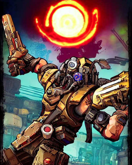 Prompt: cel - shaded gunzerker salvador from borderlands 2, airbrush, drew struzan illustration art, key art, movie poster