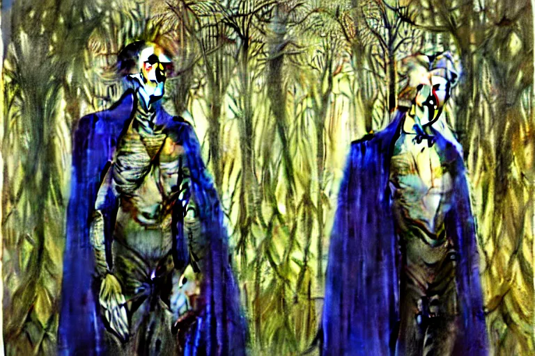 Image similar to realistic extremely detailed portrait painting of an elegantly creepy vampire man in a cape, futuristic sci-fi castle and forest on background by Jean Delville, Amano, Yves Tanguy, Alphonse Mucha, Ernst Haeckel, Edward Robert Hughes, Roger Dean, rich moody colours, blue eyes