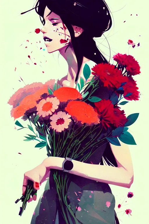 Prompt: a ultradetailed painting of a stylish girl holding a bouquet of flowers by conrad roset, greg rutkowski and makoto shinkai trending on artstation