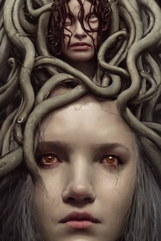 Prompt: A beuatiful portrait a horrific medusa by Greg Rutkowski, Sung Choi, Mitchell Mohrhauser, Maciej Kuciara, Johnson Ting, Maxim Verehin, Peter Konig, Bloodborne , 8k photorealistic, cinematic lighting, HD, high details, dramatic, atmospheric , trending on artstation