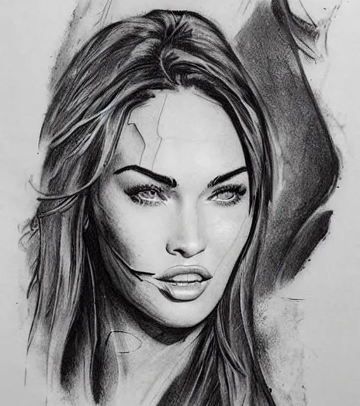 Image similar to realistic tattoo sketch of a megan fox face double exposure mountain scenery, in the style of matteo pasqualin, amazing detail, sharp, faded