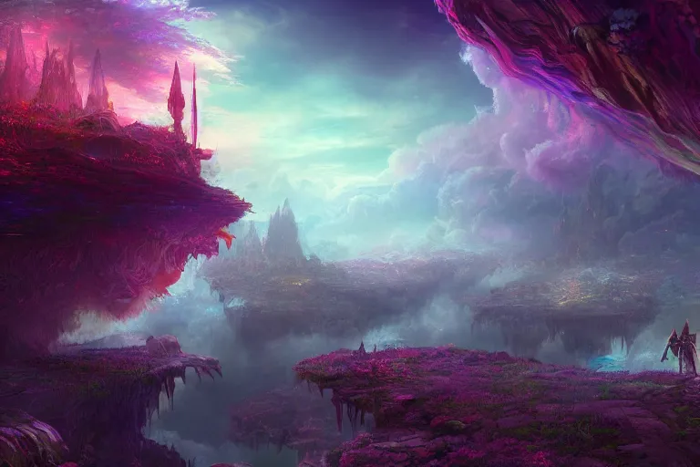 Prompt: a psychedelic realm in an alternate dimension at the edge of all known existence made out of clouds, in the style of wlop, illustration, epic, fantasy, hyper detailed, smooth, unreal engine 5, sharp focus, ray tracing