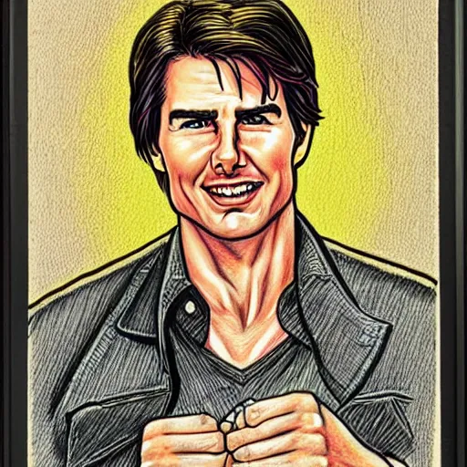 Image similar to a portrait drawing of Tom Cruise drawn by Robert Crumb