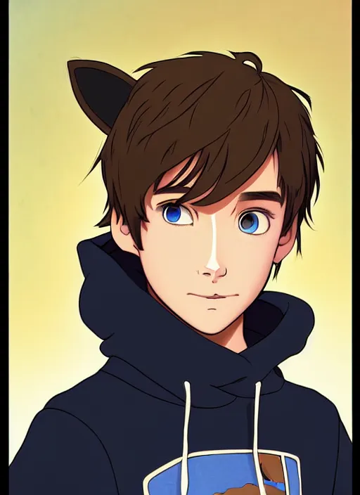 Image similar to teen boy with brown hair and big blue eyes, wearing a black hoodie with cat ears on top of it, natural lighting, path traced, highly detailed, high quality, cartoon, digital painting, by don bluth and ross tran and studio ghibli and alphonse mucha